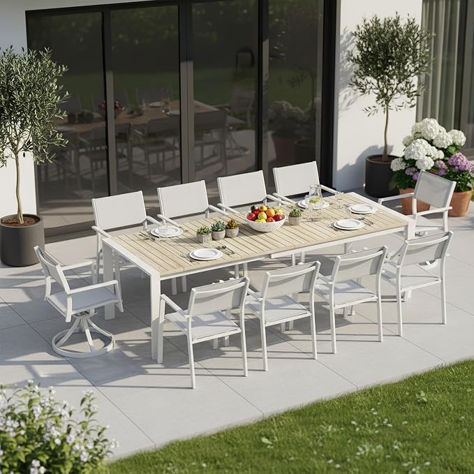 11 Pieces Expandable Outdoor Dining Set for 10, Aluminum Patio Dining Set with 2 Swivel Chairs, Extendable Dining Table with Wood Grain Tabletop and Stackable Textilene Chairs for Deck, Yard
