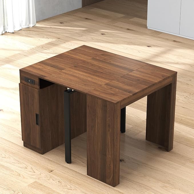 23.62”-118.11” Extendable Dining Room Table, 1-10 People Wood Long Foldable Tables with Storage Cabinet & Outlet, Space Saving Expanding Table with for Kitchen, Living Room, Party, Walnut