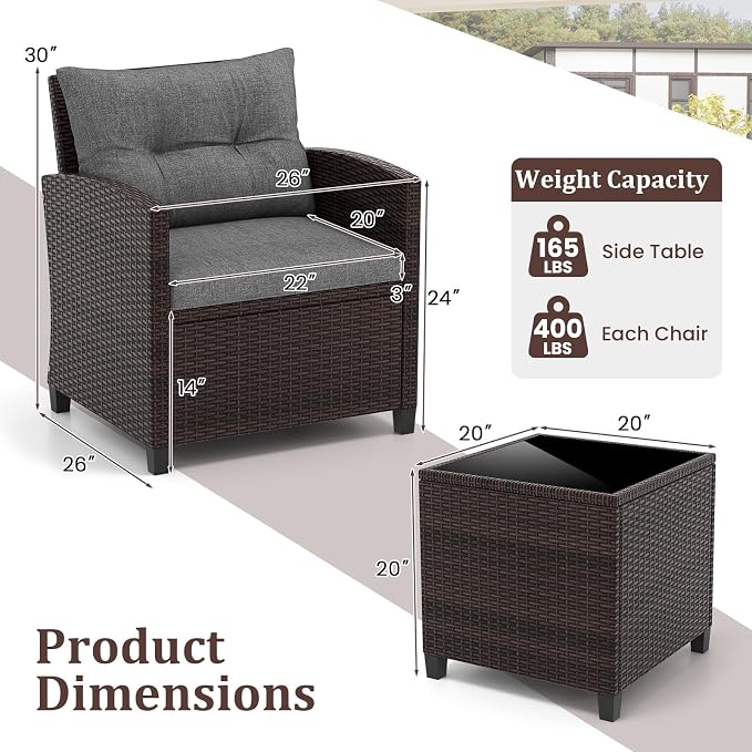ORALNER 3 Pieces Patio Furniture Set, Outdoor Wicker Conversation Set Rattan Chairs with Cushions, Glass Coffee Table, Bistro Set for Front Porch Balcony Garden Deck Poolside (Grey)
