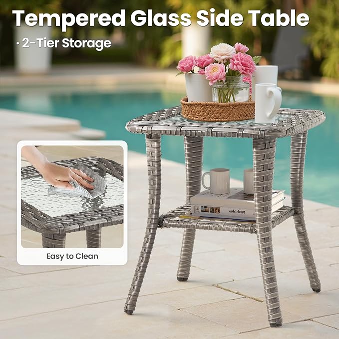 ovios Outdoor Side Table with Tempered Glass Top, Patio Wicker Rattan Bistro Coffee Tables with 2 Tiers Storage for Porch Deck Balcony Garden Poolside, Grey