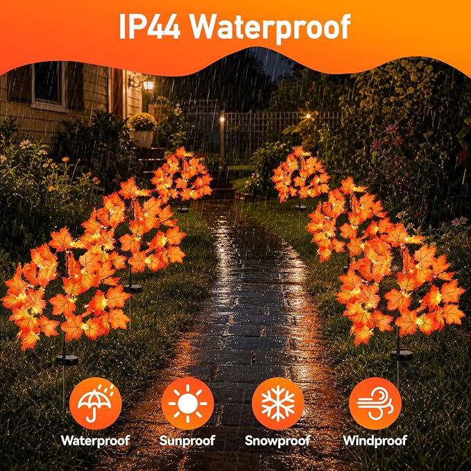Fall Decorations Outdoor Solar Lights, 2Pcs Thanksgiving Lights 40LED 80 Maple Leaves Stake Light Waterproof 8 Lighting Modes for Autumn Patio Garden Yard Outside Halloween Thanksgiving Decorations