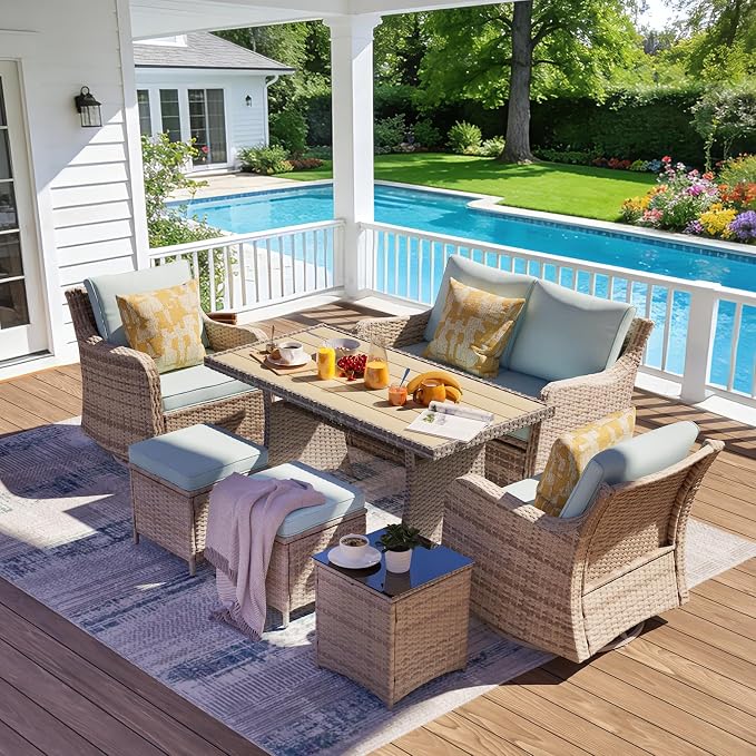 MEISSALIVVE 7 Pieces Outdoor Patio Furniture Set with Swivel Chairs, Wicker Patio Conversation Set, Patio Sectional Furniture Set with with Loveseat, 2 Ottomans and Dining Table (Blue)