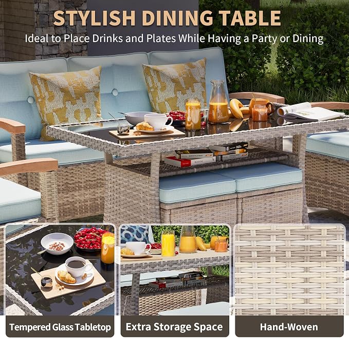 MEISSALIVVE 8 Pieces Patio Furniture Sets, PE Wicker Outdoor Conversation Sets with 2 Wood Armrests Swivel Rocker Chairs, 2 Fixed Single Chairs, 2 Ottomans and Dining Table(Blue)