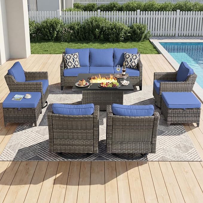 Luxury Patio Furniture Sofa Set - 8 Pieces All Weather Wicker Outdoor Couch and High Back Swivel Rocker Patio Chairs with fire Pit for Deck Yard and Poolside Gray Wicker | Blue Cushions