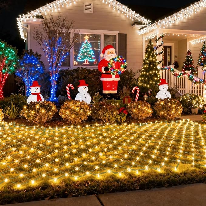 Pooqla Warm White Net Lights, 15x 5ft Christmas Lights Outdoor Green Wire | 300 LED Large Net Mesh Lights Plug in, 8 Modes Waterproof Connectable Bushes Lights for Christmas Hedge Yard Decor