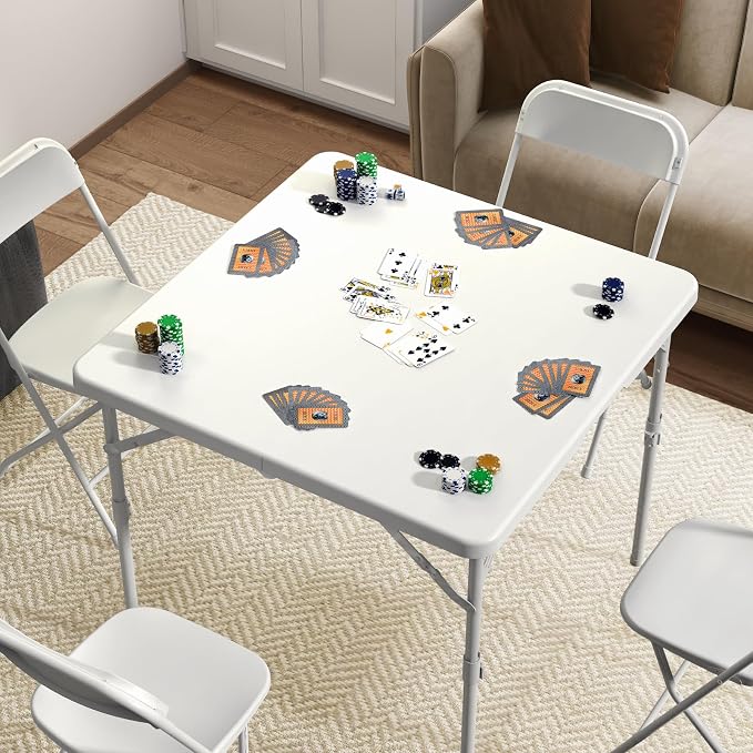 34" Square Folding Table, Plastic Card Table with Carrying Handle, Fold-in-Half Utility Portable Dining Tables Indoor Outdoor for Kitchen, Party, Picnic, Camping, Office, Wedding, White