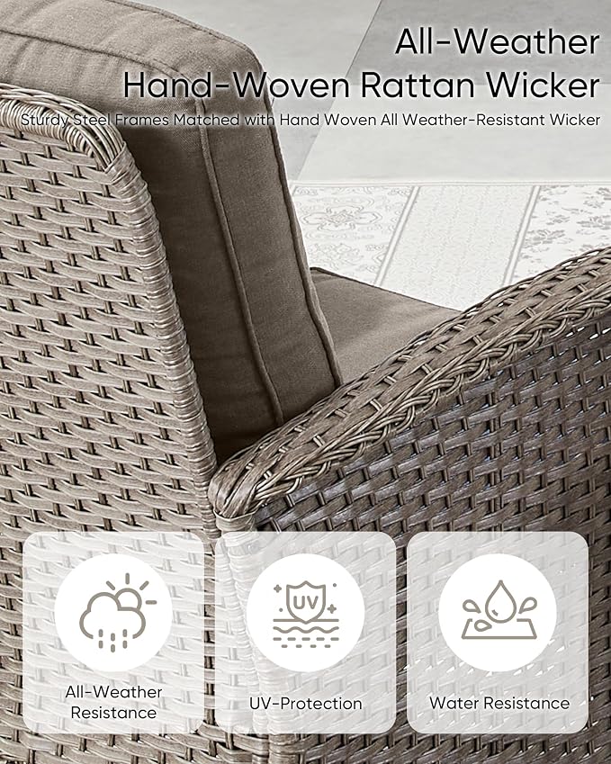 HUMMUH Patio Furniture Wicker Outdoor Furniture Sets High Back Outdoor Glider Bench with Patio Swivel Chairs Patio Conversation Sets for Deck Lawn Porch Balcony Poolside-Grey/Grey