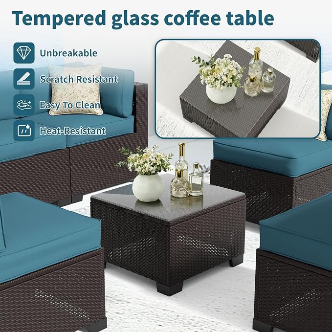 SHGJ&SOFT 7 Piece Outdoor Patio Furniture Set, All-Weather Rattan Wicker Modular Sectional Sofa Set with Water-Resistant Cushions&Tempered Glass Table for Backyard Poolside(Peacock Blue,7pcs)
