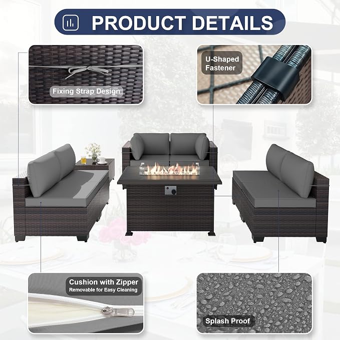 Kurapika 11 Pieces Patio Furniture Set, Rattan Wicker Outdoor Conversation Sets w/43in Propane Fire Pit Table, Swivel Rocking Chairs Patio Sectional Sofa w/4 Inch Cushion, Grey