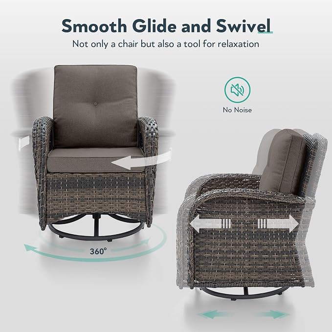 5 Piece Patio Furniture Set - Wicker Patio Conversation Set with Swivel Glider, Glider Loveseat, Tempered Glass Side Table and Coffee Table for Deck Backyard - Brown Wicker Grey Cushion