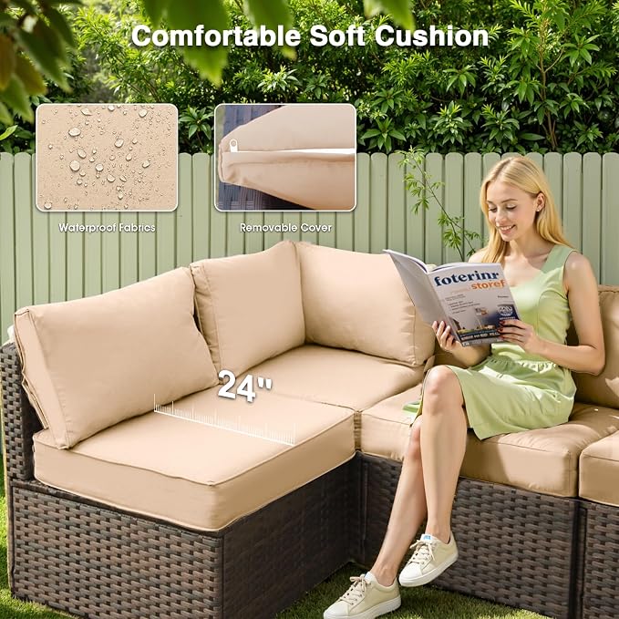 8 Piece Patio Furniture Set with Fire Pit Table All Weather PE Rattan Outdoor Sectional Sofa Couch with No-Slip Cushions and Glass Top Table for Garden, Poolside, Backyard (Beige)