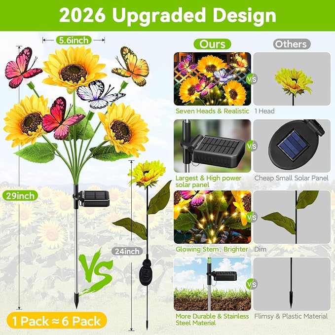 6 Pack Solar Sunflower Lights with Butterflies, Garden Light Outdoor Decor | Sunflowers Decor, Lifelike Solar Flower Lights Waterproof for Garden, Flower Beds, Yards, Patios, Gift for Women Mom Grandma
