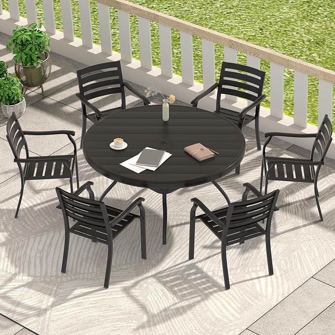 LUMISOL 7-Piece Outdoor Patio Dining Set, 4 Stackable Metal Dining Chairs and 40.6" Round Metal Dining Table, Outdoor Table and Chairs for Lawn Garden Backyard, Black
