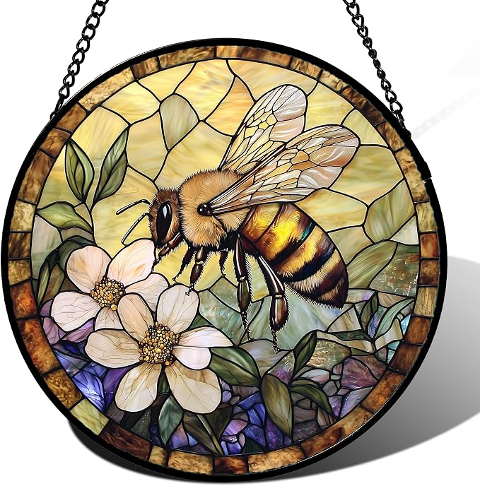 Stained Glass Window Hanging, Vintage Bee Yellow Flower Sun Catcher for Window Door Home Decor Suncatcher Christmas Mother's Day Birthday Gifts for Women Men Mom and Nana 15 in