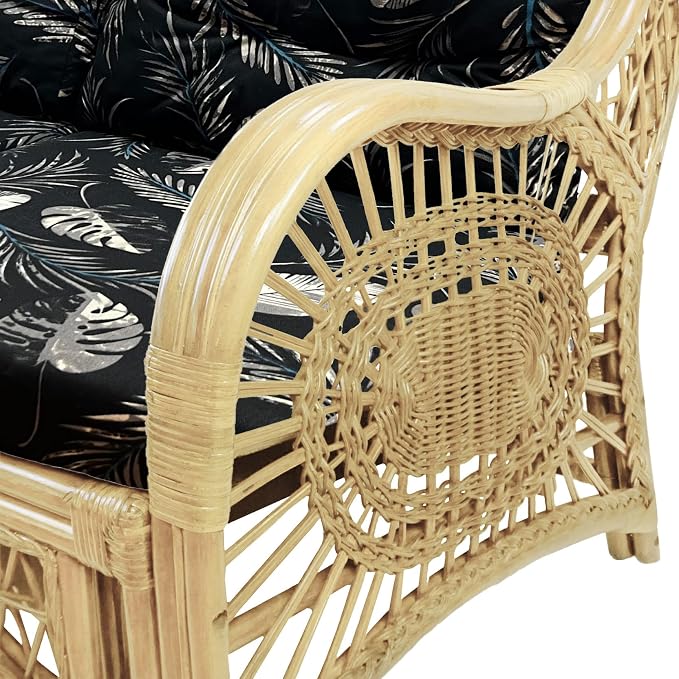 Malibu Lounge Set of 4: 2 Natural Rattan Wicker Chairs, Three-Seater Sofa and Coffee Table with Glass Handmade, Natural Color with Black Leaf Cushions