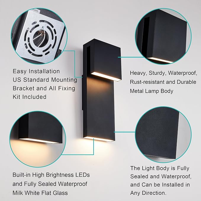 Tarentlight Modern Porch Lights with 2 Pack,Outdoor Indoor Integrated LED Wall Lights,2-Light Total 17W,3000K, Textured Black Finish,Outside Lights Waterproof for House Front Door Patio Garage