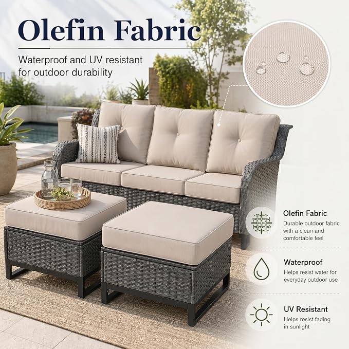 Outdoor Ottomans Set of 2, PE Wicker Patio Footstools with Removable Cushions, All-Weather Rattan Outdoor Ottoman Set for Patio, Backyard, Garden, Porch, Beige