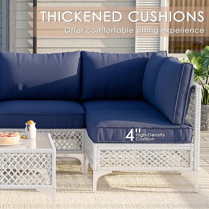 Vikiullf Patio Conversation Set, 7 Piece Outdoor Sectional Sofa Set with Coffee Table, White Wicker with Blue Cushions (White and Blue, 7 piece)