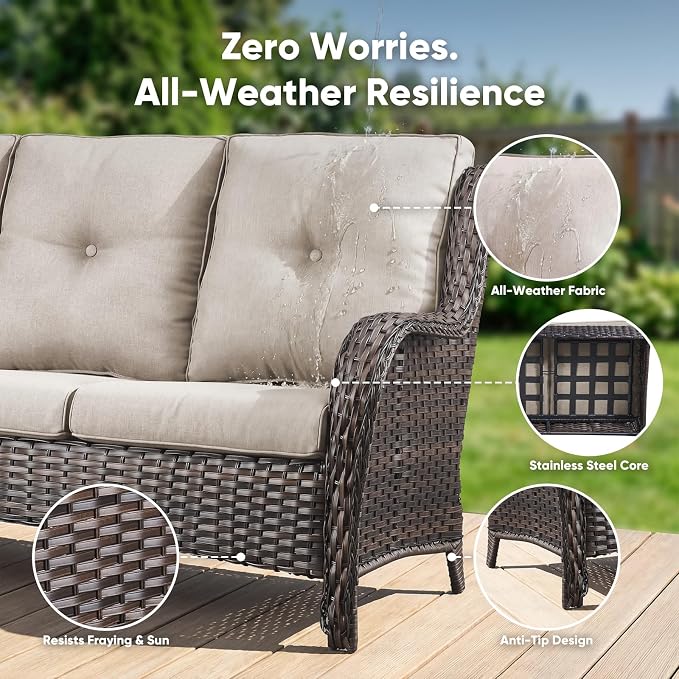 Belord 3-Piece PE Wicker Outdoor Sofa with 2 Ottomans, Luxury Patio Couch Convertible to Chaise Lounge, All-Weather High Back Deep Seat Woven Furniture for Deck, Porch - Brown/Beige