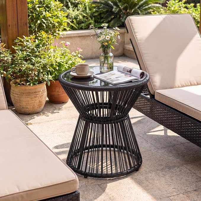 Tangkula Outdoor Side Table with LED Warm Light, PE Rattan Hourglass-Shaped End Table with Tempered Glass Top, Battery Operated Accent Coffee Table for Patio, Porch, Balcony & Living Room (1)