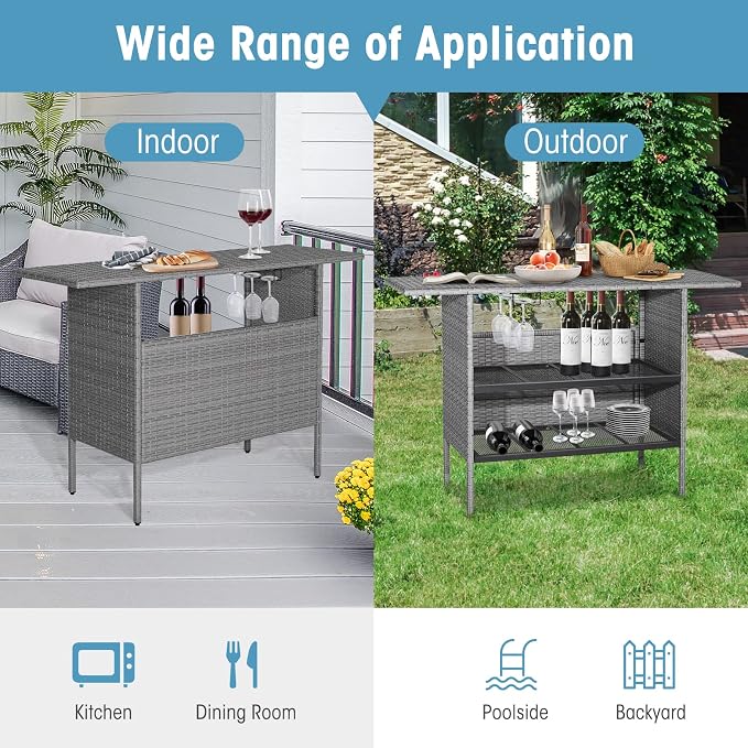 Tangkula Outdoor Wicker Bar Table, Patiojoy All Weather Patio Bar Height Table with 2 Metal Mesh Shelves & 2-Rail Steel Stemware Racks, Rattan Bar Counter Table for Backyard, Poolside (Mix Grey)