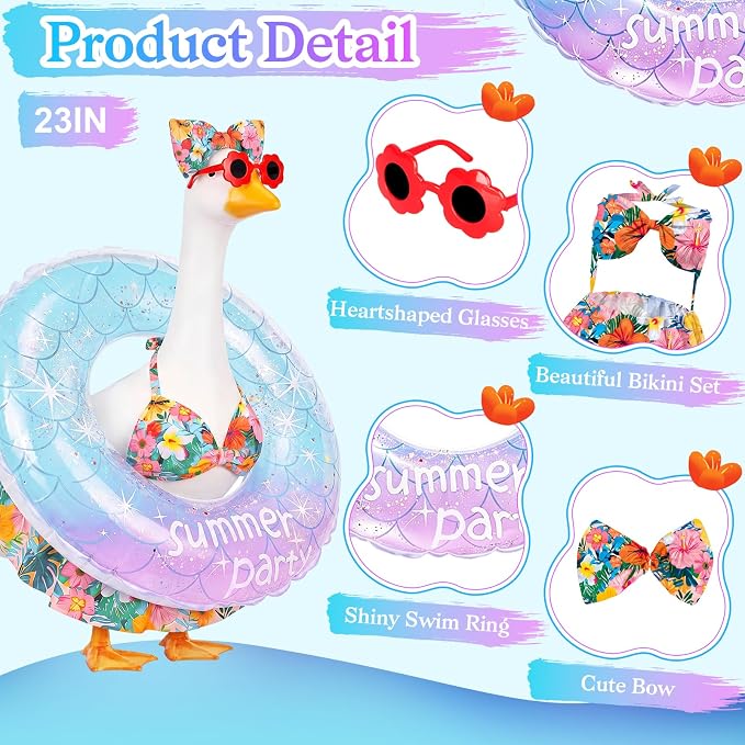 Porch Goose Summer Outfit, 23 Inch Hawaiian Bikini Costume, Accessories Include Bow, Sunglasses & Swim Ring, Fits Cement Goose Statue for Garden Patio Yard Outdoor Decor (Tropical Floral)