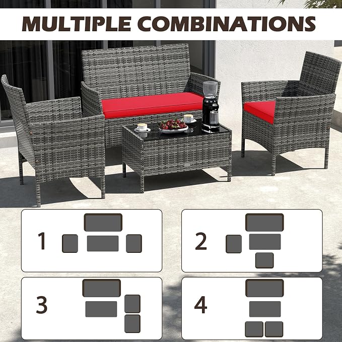 Tangkula 8 Pieces Patio Rattan Conversation Set, Outdoor Wicker Furniture Set with Cushioned Chair, Loveseat & Tempered Glass Table, Outside Sectional Sofa Set for Backyard (G-red,2)