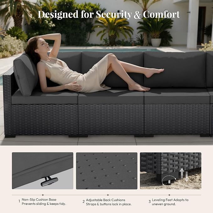 WWR Patio Furniture Set 7 Piece - All-Weather - Wicker Rattan Patio Outdoor Conversation Set, Modular Sectional Sofa for Backyard, Garden, Poolside, Balcony, Porch, Patio, Black/Dark Gary