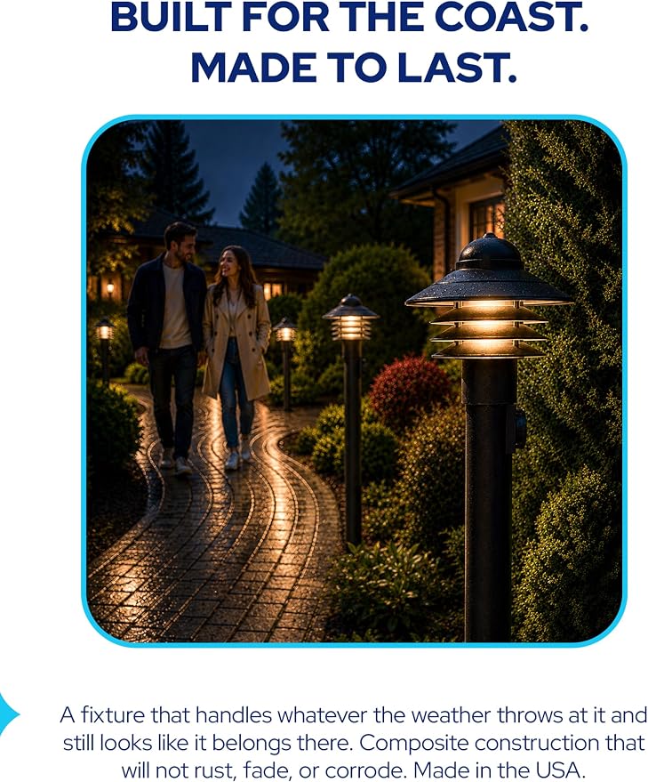 Nautical Post Mount Outdoor Lighting, Salt-Air Tough Rust-Proof Non-Metallic Coastal Lamps, Fits 3" Poles, UL Listed Dock Patio Fence Deck Porch Outdoor Walkway Lights, USA Made, Matte Black | Anti-Rust, Waterproof Coastal Outdoor LED Lighting for Yard...