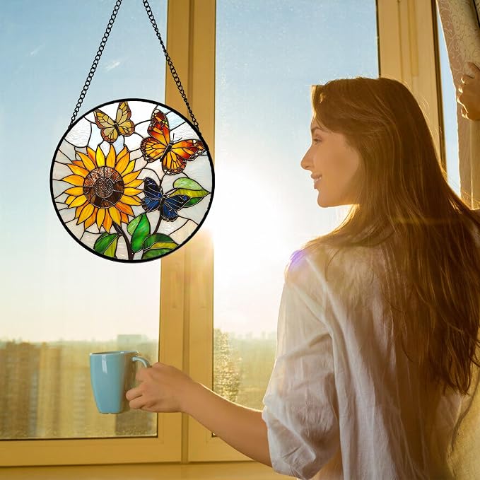 DASTOLL Stained Glass Window Hanging, Butterfly and Sunflowers Sun Catchers Glass Panel Plant Insects Suncatcher Decor for Birthday for Women, Men, Wife, Aunt, and Mom 11.8x11.8 in