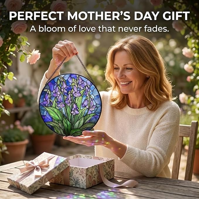 Birthday Gifts for Women - Violet Flowers Faux Stained Glass Window Hanging Sun Catcher for Door Garden Acrylic Decor Mother's Day Christmas for Mom Nana Grandma Sisters Wife 6.3"