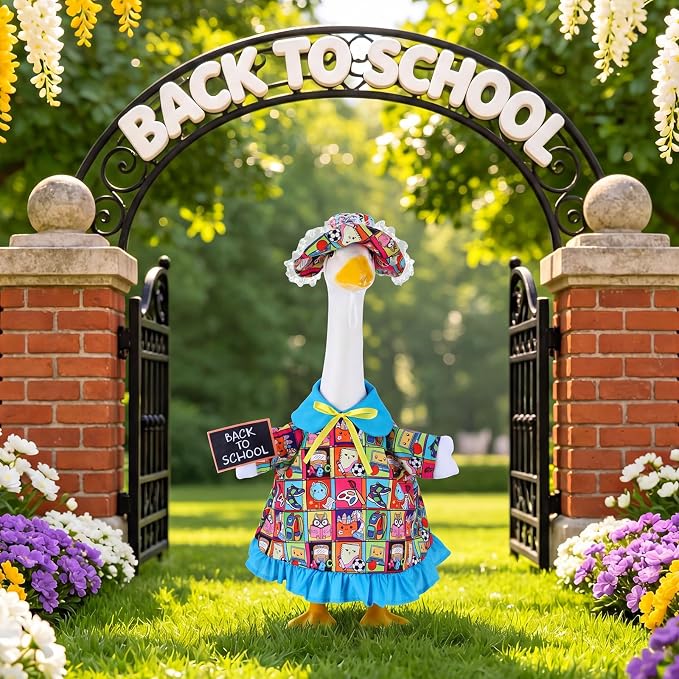Outus Back to School Porch Goose Outfits Includes Blue Sun Hat and Blue Notebook Shirt First Day of School Classroom Goose Clothing for Outdoor Garden Yard Patio Lawn 23" Statue