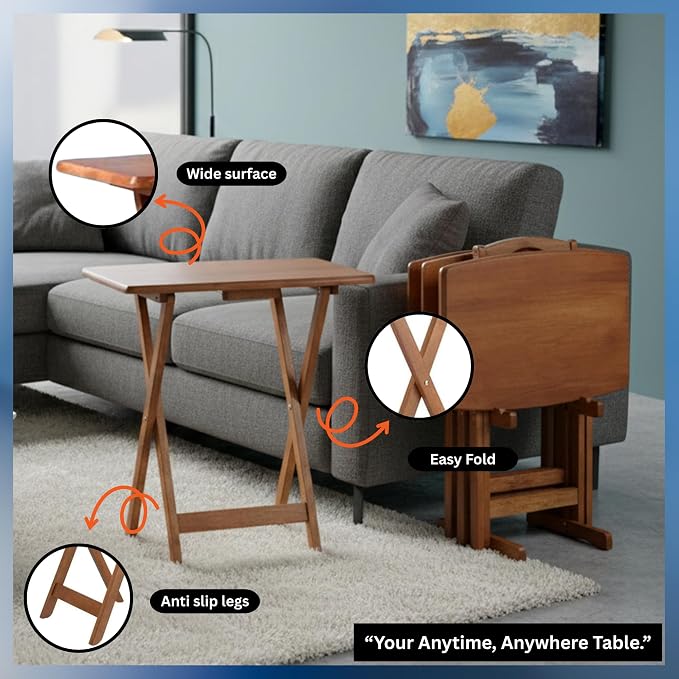 4-Pc Portable Dylan Wooden Snack Table Teak Finish Foldable Lightweight Space Saving Multipurpose Tray Indoor & Outdoor Laptop Stand Side Dinner Desk for Home Office Bedroom or Living Room