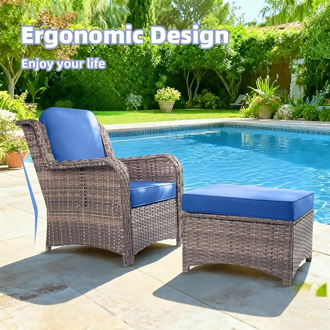 2 Pieces Patio Wicker Furniture Set, High Back Wicker Single Patio Chair Set with Ottoman, Outdoor Porch Chair with Thick Cushion for Balcony Deck Yard and Porch, Blue