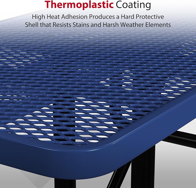 Leisure Craft Metal Picnic Table with Bench - 8 ft Rectangle Outdoor Dining Table with Umbrella Hole, Heavy Duty Thermoplastic Coating, ADA Compliant, Commercial Grade Furniture Made in USA - Navy
