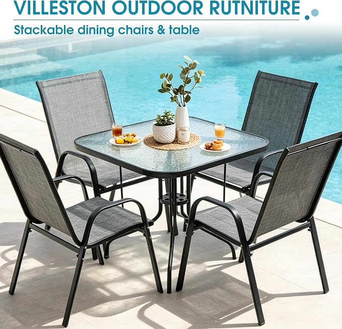 5 Piece Patio Dining Set with Wider 24.4" Stackable Chairs, Outdoor Dining Set for 4 with 36"*36" Table, Black Metal Frame and Gery Textilene