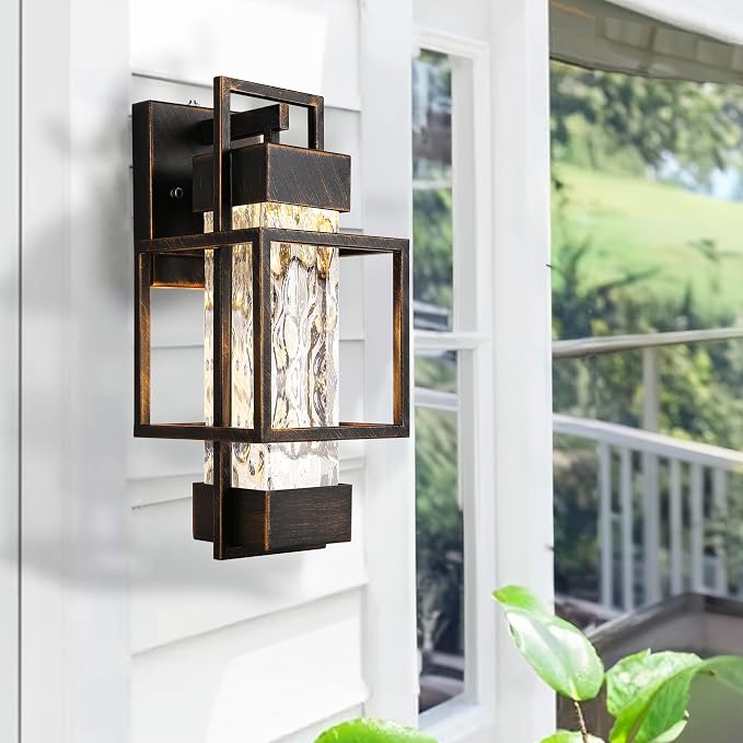Modern Outdoor Light Fixture Dusk to Dawn Outdoor Lighting, 15" H Exterior Wall Sconce Waterproof Porch Light, Outside Light for House with Water Glass for Garage Doorway Black Brushed Gold
