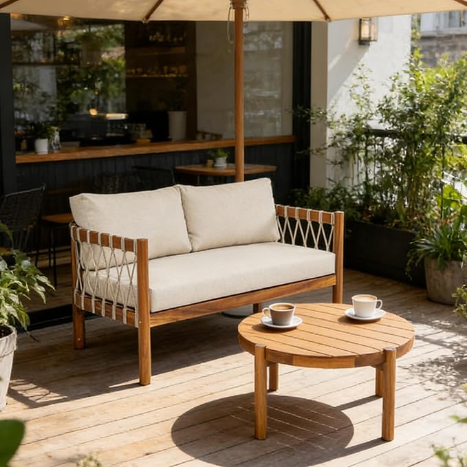 Christopher Knight Home Haven Acacia Wood Outdoor Loveseat and Coffee Table Set, 2 Piece Patio Furniture Set with Water-Repellent Cushion, Solid Wood Outdoor Conversation Set, Beige+Teak