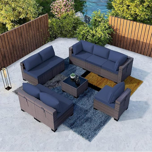 9 Pieces Outdoor Patio Furniture Set Brown Rattan Sectional Sofa with Manual Wicker, Cushions and Covers, Tempered Glass Tea Table Patio Conversation Set for Backyard Garden Lounge(Blue)