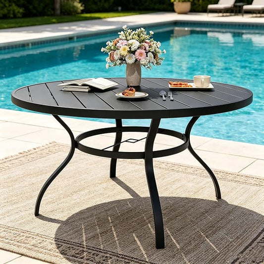 SUNCROWN 53 Inch Round Outdoor Patio Dining Table, All Weather Black Metal Steel Slat Table with 1.5" Umbrella Hole, Weather Resistant Outside Furniture for Lawn Garden Backyard Porch