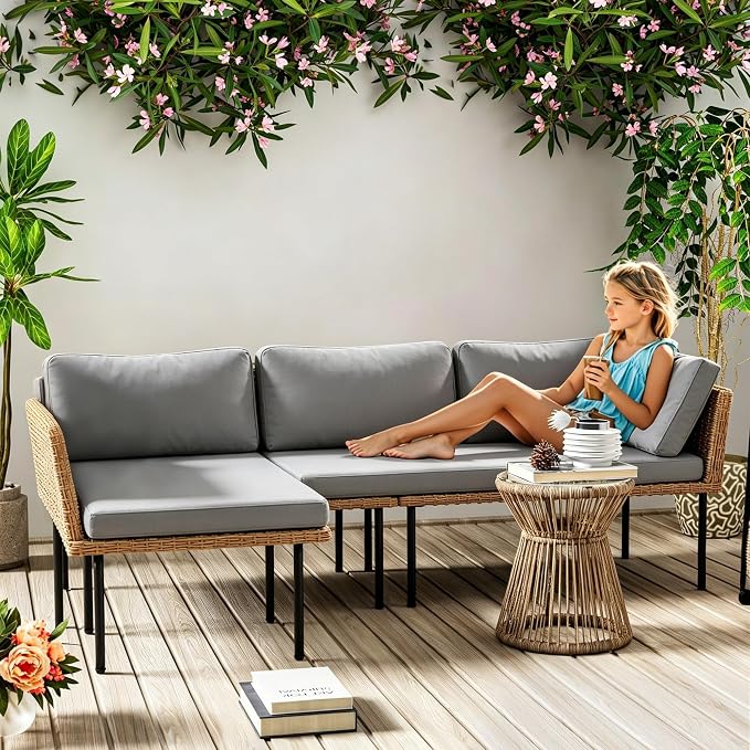 DECMICO 3-Piece Patio Furniture Set, L-Shaped Outdoor Sectional Sofa with Thick Cushions, All-Weather Rattan Conversation Set, Boho Style Detachable 3-Seater Lounger (Charcoal Grey)