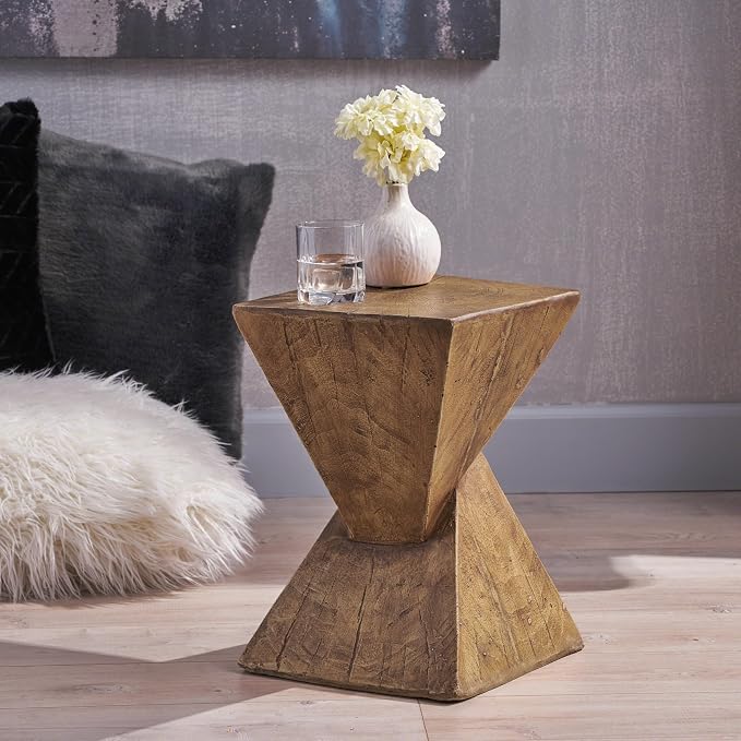Merax Modern Concrete Side Table with Hourglass Design - Hand-Painted Wood Finish Accenttable for Indoor/Outdoor, Natural