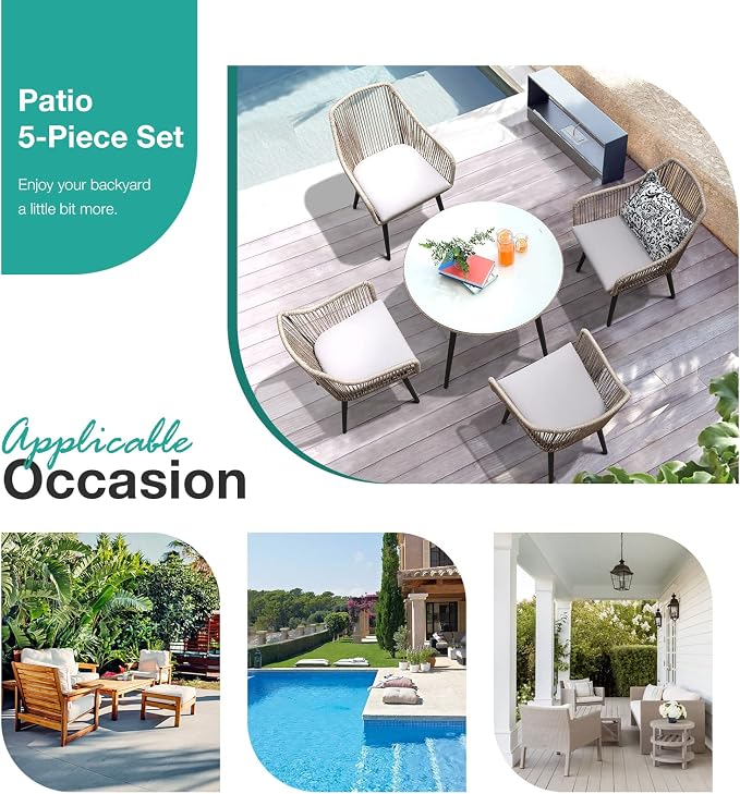 Patiorama Outdoor Dining Table, 35'' Patio Round Table, All-Weather Rope Rattan Wicker Patio Dining Table, Patio Tempered Glass Table with Umbrella Hole, Outdoor Coffee Table for Lawn Garden Pool(Tan)