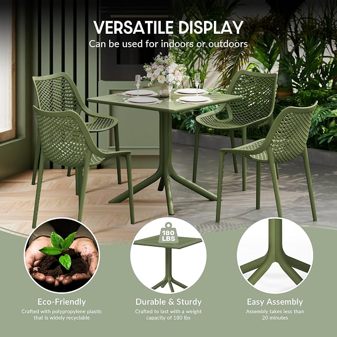 WestinTrends Playa 31.5" Square Plastic Outdoor Patio Dining Table for 4, Olive Green