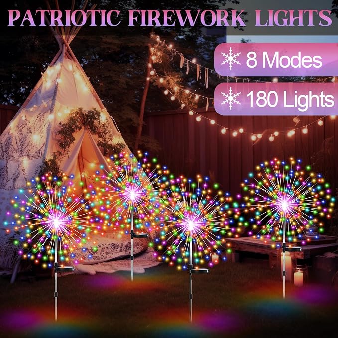 Tujoe 4 Pack Halloween Outdoor Garden Decoration Solar Firework Lights | 200 LED Solar Firework Lights, 8 Lighting Modes, 32" to 51" Height, Outdoor Garden Yard Pathway Party Decoration, Colorful
