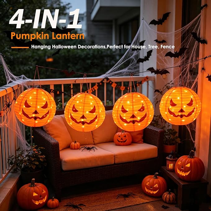 HUGSVIK 4Pcs Solar Pumpkin Lights Outdoor Hanging Halloween Decorations | 12-Inch Jack O Lantern, 160 LEDs & 8 Modes, Waterproof Outdoor Halloween Lights for Yard Porch Trick-or-Treat Party