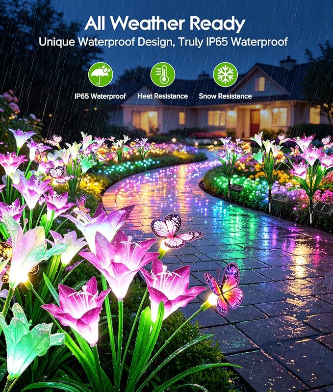 KOOPER Solar Lights Outdoor Garden Decor 8 Pack, 32 Lily Flowers and 24 Swaying Butterflies, IP65 Waterproof 7 Color Changing Solar Flower Lights for Yard Patio Pathway, Gifts for Mom Women Grandma