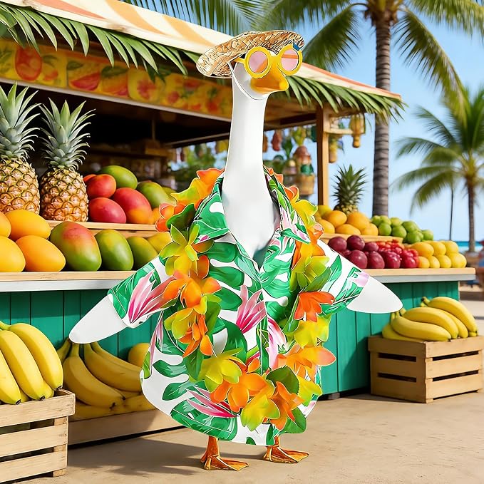 AZYM Hawaiian Porch Goose Outfits,Yard Goose Clothes Hawaiian Wreath with Straw Hat Glasses,4 Pcs/Set Summer Lawn Goose Costume,for 23" Statue Patio Garden Decoration