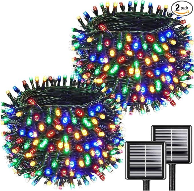 KAQ 2pack 200LED Solar String Lights Outdoor Waterproof Multicolor | Total 66FT Flexible Wire With Bright LEDs, 8 Twinkle Modes with Memory, Auto On/Off Easily Decorates Trees, Fences, Garden