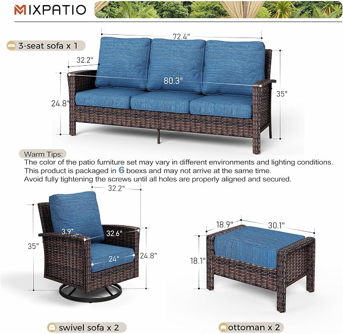 MIXPATIO 5-Piece Wicker Patio Furniture Set with Swivel Chairs, High Back Outdoor Furniture with 5.5-inch Thick Cushion and Ottoman, All-Weather Wicker Patio Conversation Set for Deck Lawn, Navy Blue